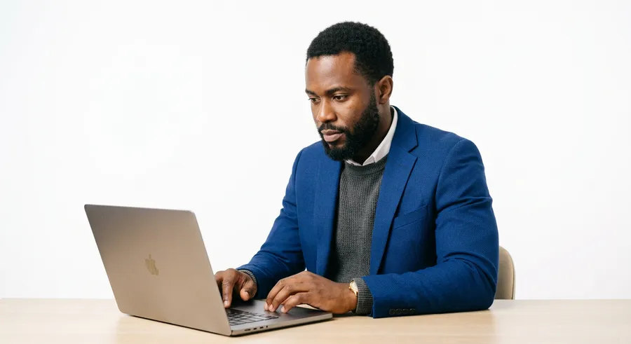 Business owner in a blue blazer reviewing operations on his laptop